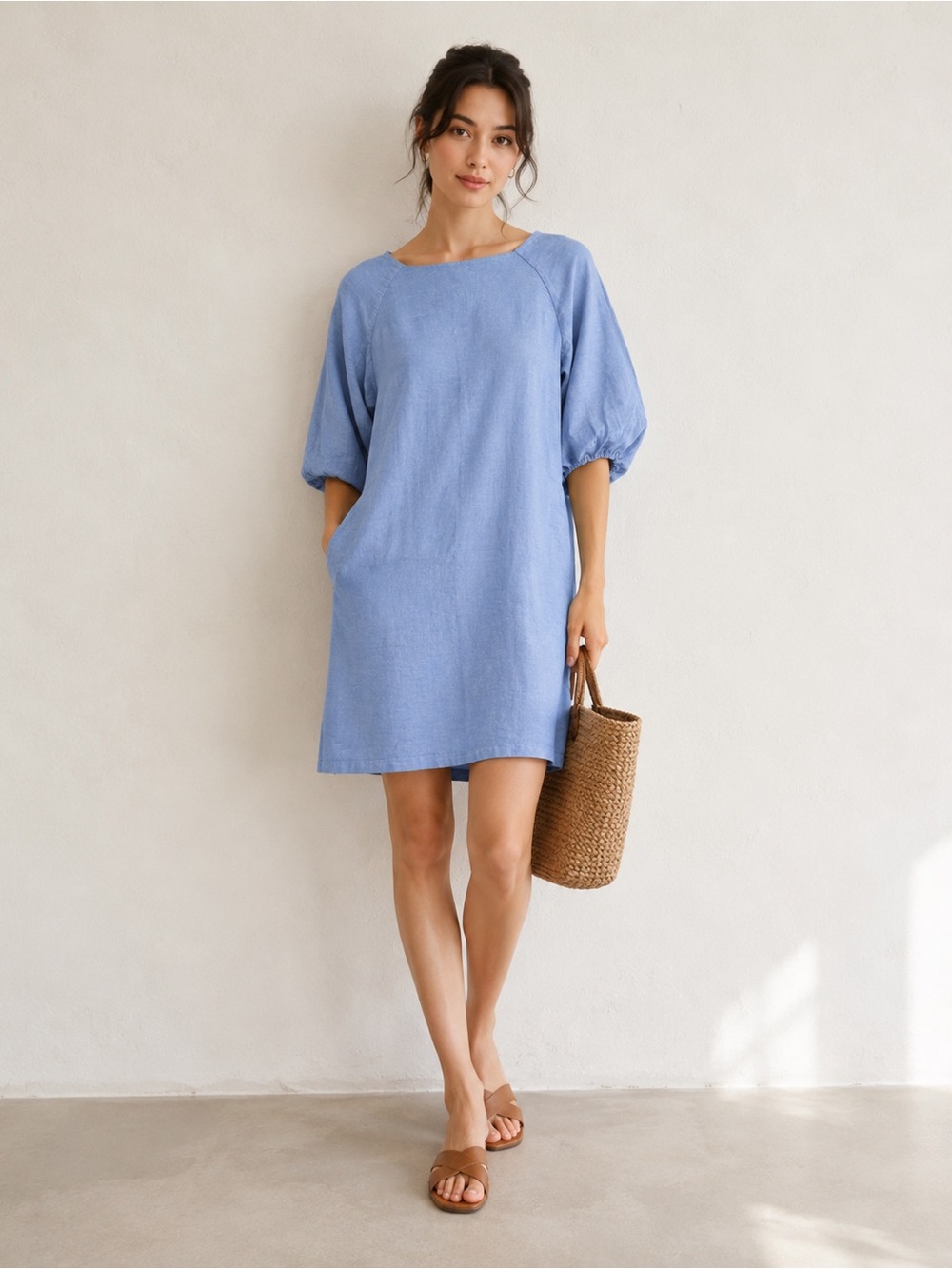 Zara cotton/linen Light Blue Cotton-Blend 3/4 puff sleeves mini dress XS